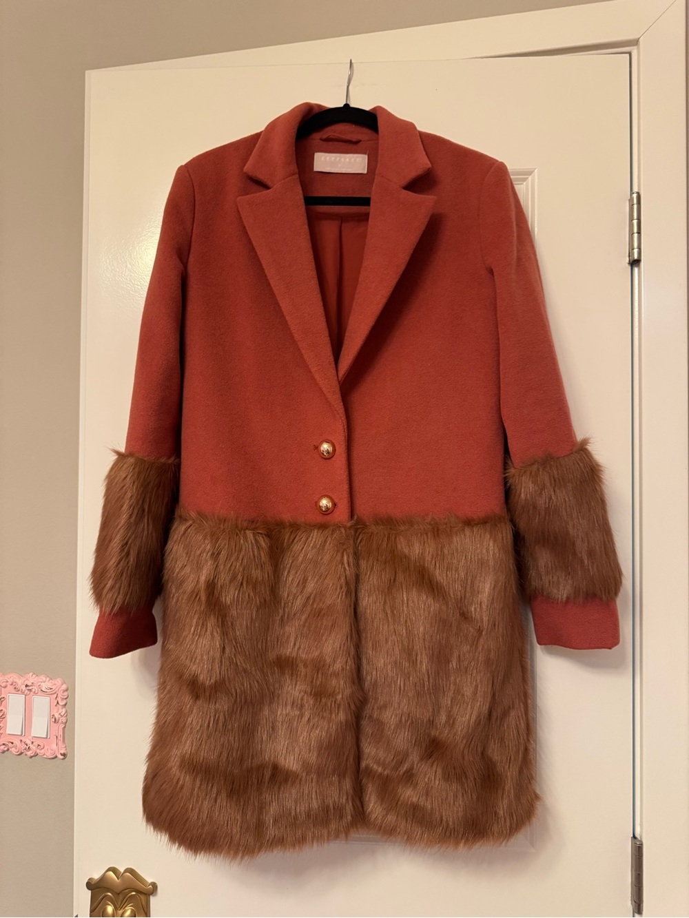 Keepsake Womens Rust and Brown Faux Fur Trim Coat